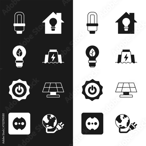 Set Hydroelectric dam, Light bulb with leaf, LED light, Smart house and, Power button, Solar energy panel, Global power planet and Electrical outlet icon. Vector