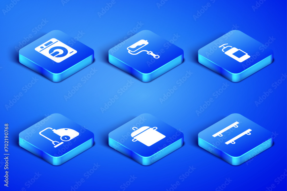 Set Empty wooden shelves, Washer, Cooking pot, Vacuum cleaner, Paint roller brush and Antibacterial soap icon. Vector Set Empty wooden shelves, Washer, Cooking pot, Vacuum cleaner, Paint roller brush and Antibacterial soap icon. Vector