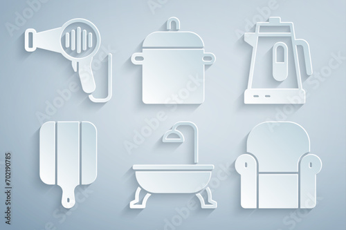 Set Bathtub, Electric kettle, Cutting board, Armchair, Cooking pot and Hair dryer icon. Vector