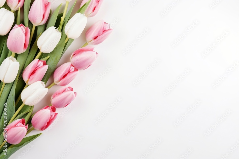 beautiful tulips white and pink on white background, flat lay and copy space - generative ai beautiful tulips white and pink on white background, flat lay and copy space - generative ai