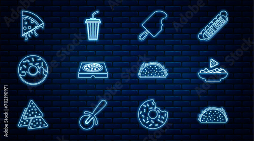 Set line Taco with tortilla, Nachos in plate, Ice cream, Pizza cardboard box, Donut, Slice of pizza,  and Glass water icon. Vector