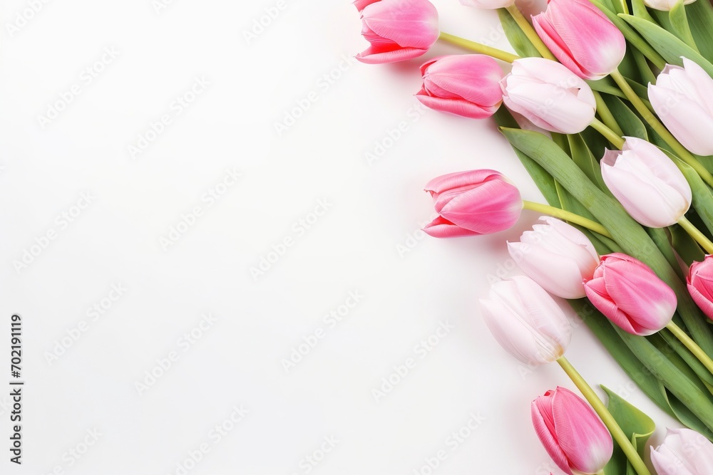 beautiful tulips white and pink on white background, flat lay and copy space - generative ai beautiful tulips white and pink on white background, flat lay and copy space - generative ai