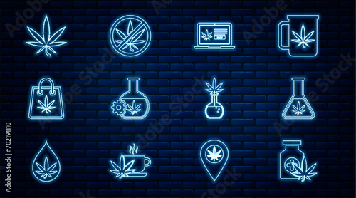 Set line Medical bottle with marijuana, Test tube, Online buying, Shopping bag of, Marijuana or cannabis leaf,  and Stop icon. Vector