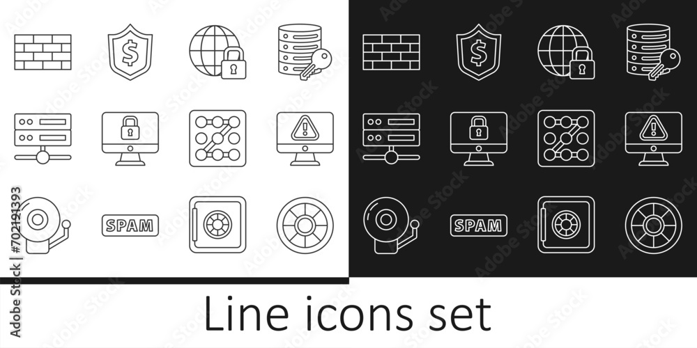 Set line Safe, Monitor with exclamation mark, Global lockdown, Lock computer monitor, Server, Data, Web Hosting, Firewall, security wall, Graphic password protection and Shield dollar icon. Vector Set line Safe, Monitor with exclamation mark, Global lockdown, Lock computer monitor, Server, Data, Web Hosting, Firewall, security wall, Graphic password protection and Shield dollar icon. Vector