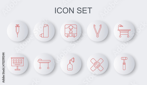 Set line Neurology reflex hammer, Eye test chart, X-ray machine, Crossed bandage plaster, Syringe, Inhaler, Stretcher and Medical oxygen mask icon. Vector
