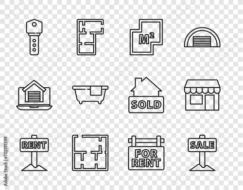 Set line Hanging sign with Rent, Sale, House plan, key, Bathtub, For and Market store icon. Vector