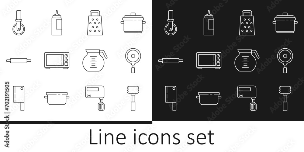 Set line Kitchen hammer, Frying pan, Grater, Microwave oven, Rolling pin, Pizza knife, Coffee pot and Sauce bottle icon. Vector