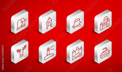 Set line Stone for curling, Winter hat, Tree stump, Chateau Frontenac hotel, Canadian lake, Christmas mitten, Lighthouse and Moose head with horns icon. Vector