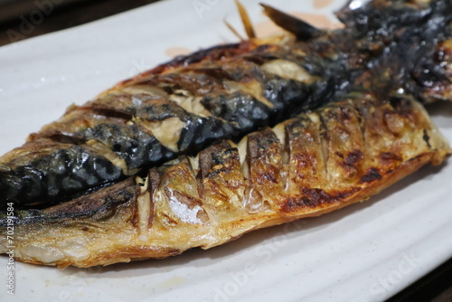 Korean food. Grilled mackerel on a plate