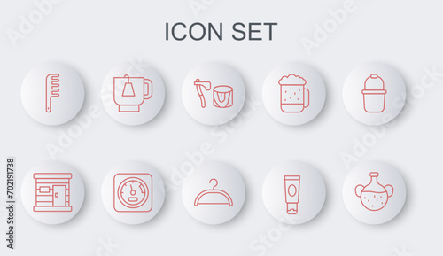 Set line Essential oil bottle, Sauna wooden bathhouse, Wooden axe in stump, Cream or lotion cosmetic tube, Hairbrush, Cup of tea with tea bag, thermometer and Hanger wardrobe icon. Vector