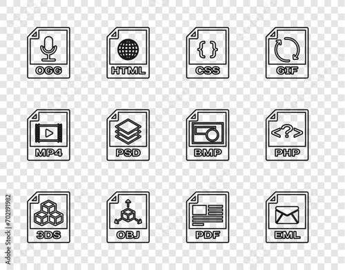 Set line 3DS file document, EML, CSS, OBJ, OGG, PSD, PDF and PHP icon. Vector