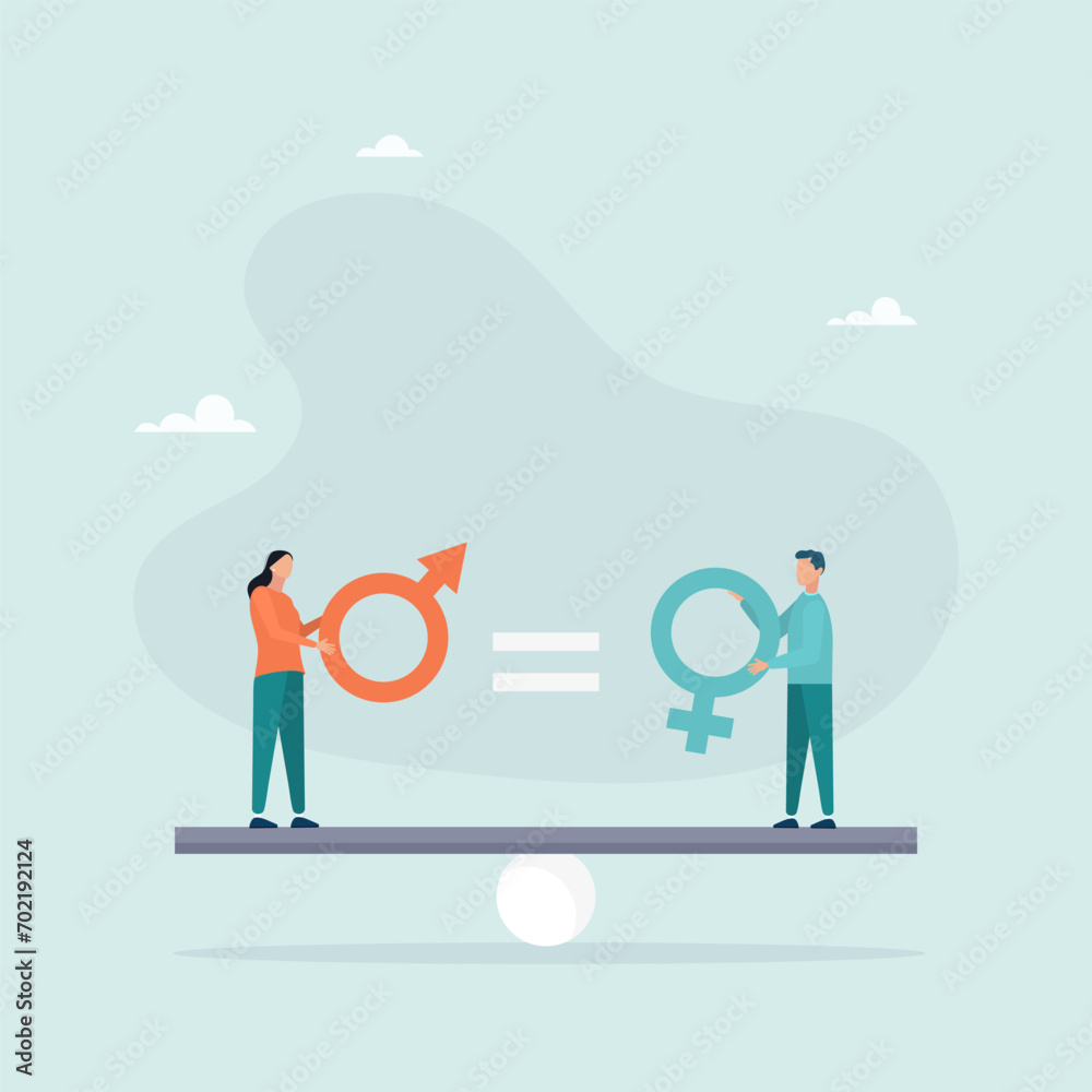 Gender equality concept. The man and woman with the symbol on the scale feel equally discriminated against. Modern flat vector illustration.
