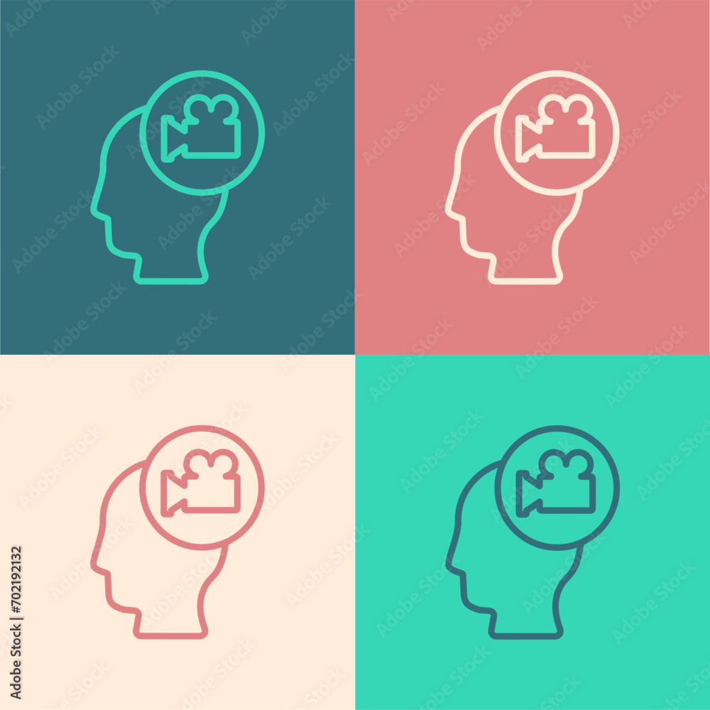 Pop art line Head with camera icon isolated on color background. Video camera. Movie sign. Film projector. Vector Pop art line Head with camera icon isolated on color background. Video camera. Movie sign. Film projector. Vector