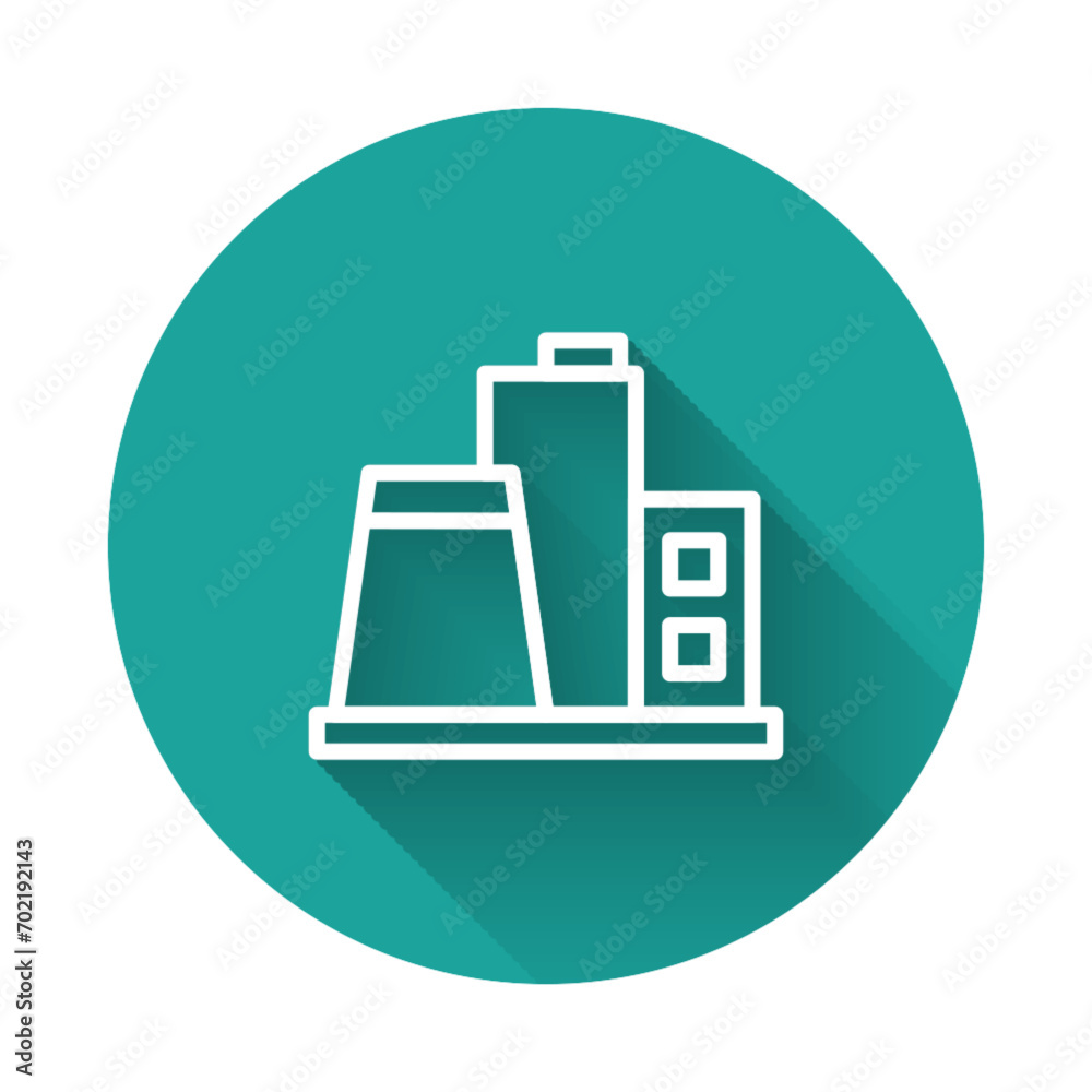 White line Factory icon isolated with long shadow. Industrial building. Green circle button. Vector White line Factory icon isolated with long shadow. Industrial building. Green circle button. Vector