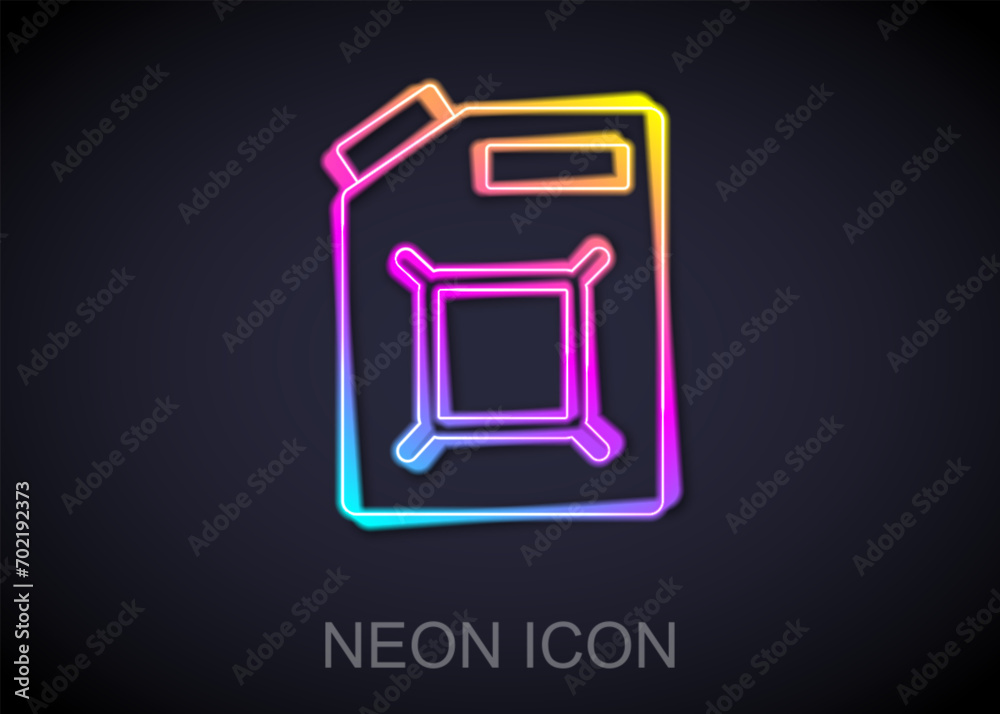 Glowing neon line Canister for gasoline icon isolated on black background. Diesel gas icon.  Vector