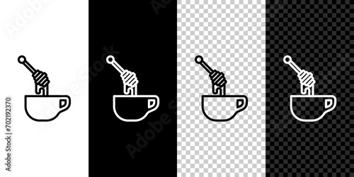 Set line Honey dipper stick with dripping honey icon isolated on black and white, transparent background. Honey ladle.  Vector