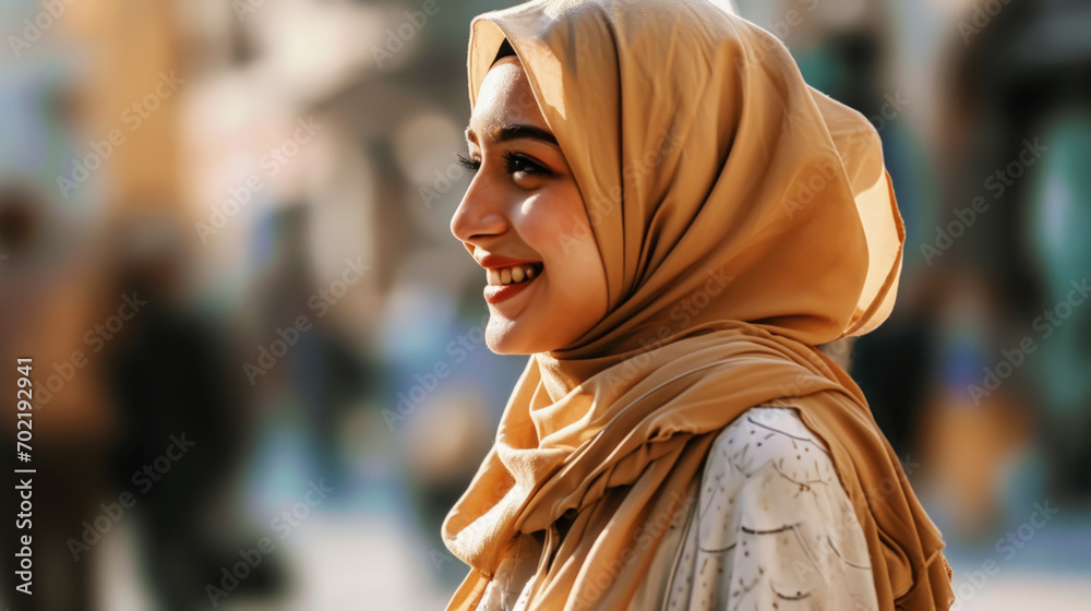 Portrait of young smiling Muslim woman wearing hijab head scarf. Blurred backdrop. Generative AI