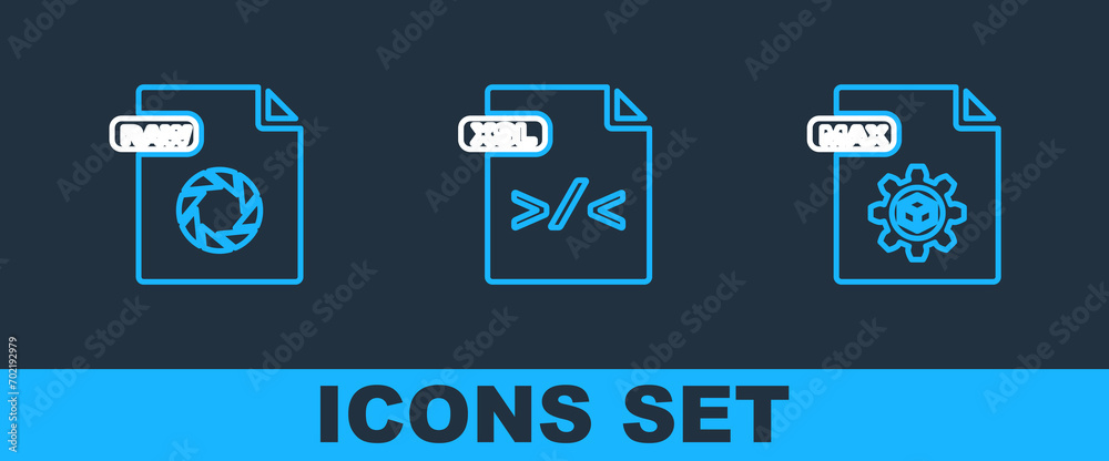 Set line MAX file document, RAW and XSL icon. Vector
