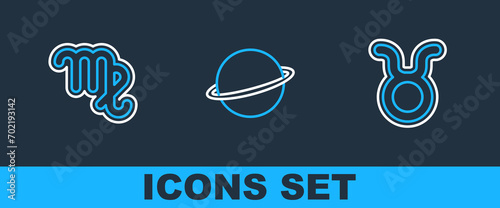 Set line Taurus zodiac, Virgo and Planet Saturn icon. Vector