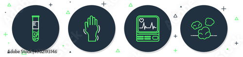 Set line Hand with psoriasis or eczema, Monitor cardiogram, Test tube flask and Dust icon. Vector