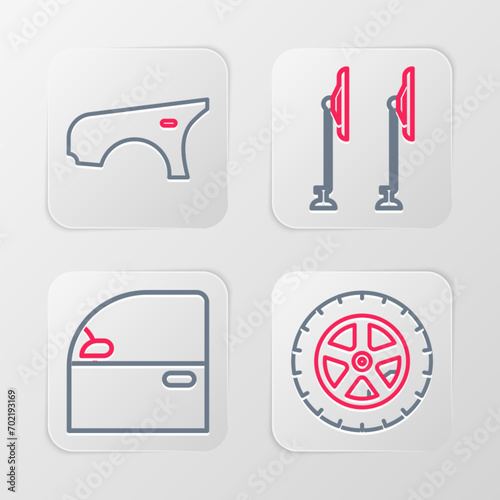 Set line Car wheel, door, Windscreen wiper and fender icon. Vector