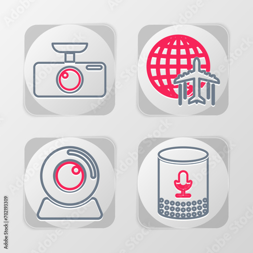 Set line Voice assistant, Web camera, Globe with flying plane and Car DVR icon. Vector