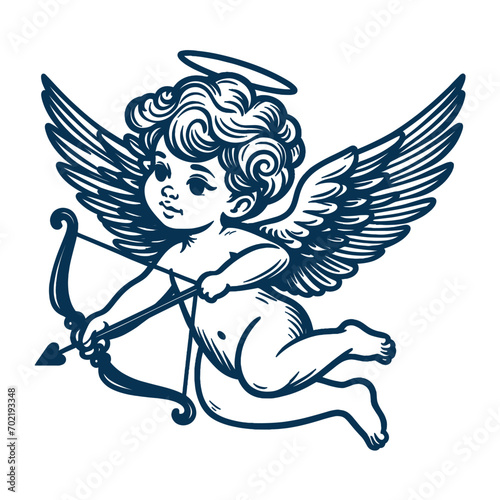 Cupid angel with wings, bow and arrow one line drawn