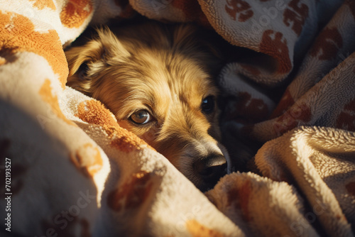 Intimate and heartwarming image of a dog s ear shadow on a cozy blanket  emphasizing the comfort and companionship of pets.