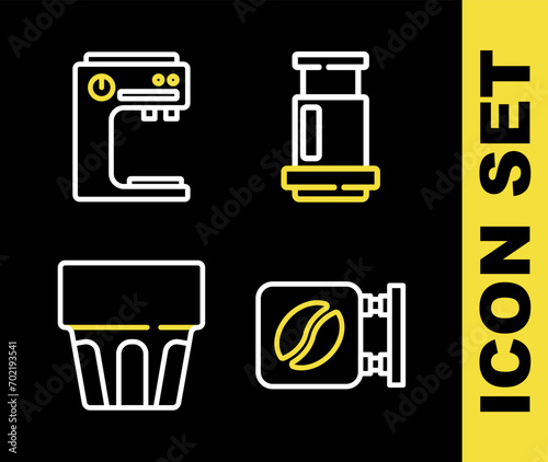 Set line Aeropress coffee, Street signboard, Glass with water and Coffee machine icon. Vector