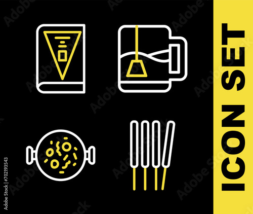 Set line Cup of tea with tea bag, Aroma sticks, incense, Chicken tikka masala and India constitution day icon. Vector
