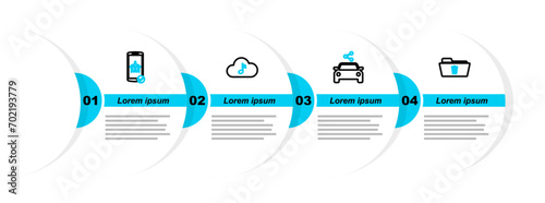 Set line Delete folder, Car sharing, Music streaming service and Flight mode the mobile icon. Vector