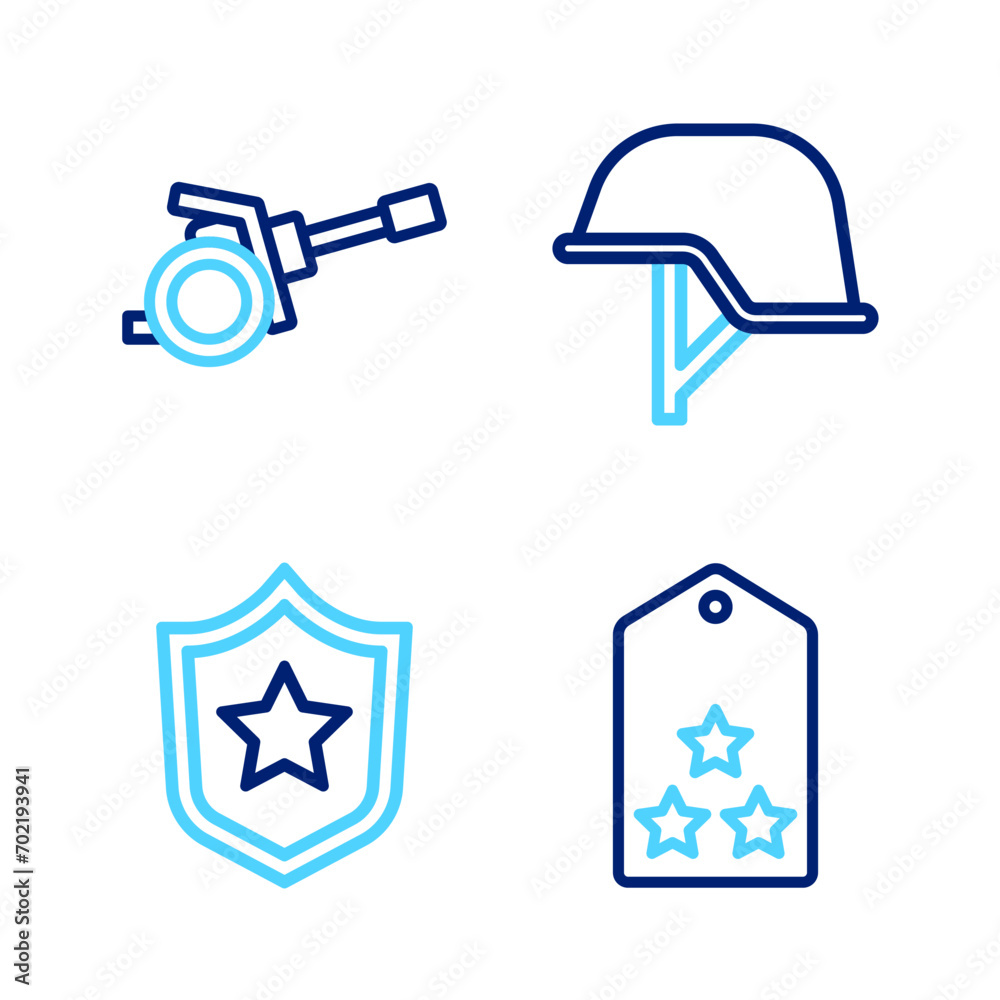 Set line Military rank, Police badge, helmet and Howitzer icon. Vector Set line Military rank, Police badge, helmet and Howitzer icon. Vector