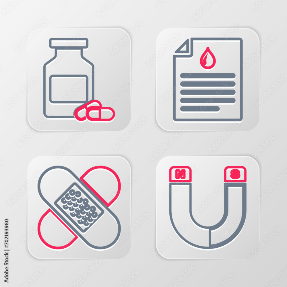 Set line Magnet, Crossed bandage plaster, Clipboard with blood test and Medicine bottle pills icon. Vector Set line Magnet, Crossed bandage plaster, Clipboard with blood test and Medicine bottle pills icon. Vector