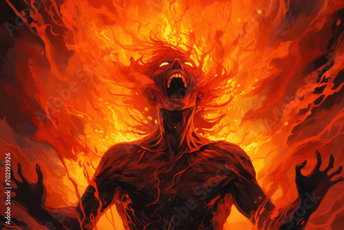 Illustration of sin Wrath: Fiery figure engulfed in flames, vivid red and orange hues photo