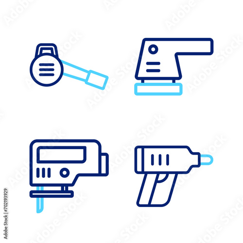 Set line Electric cordless screwdriver, jigsaw, sander and Leaf garden blower icon. Vector