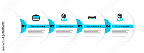 Set line Pet award symbol, food bowl, Dog and carry case icon. Vector