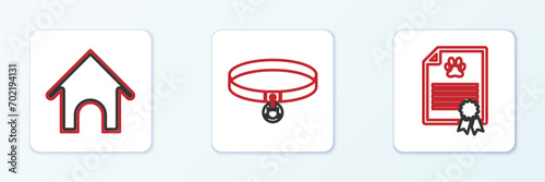 Set line Certificate for dog or cat, Dog house and Cat collar icon. Vector