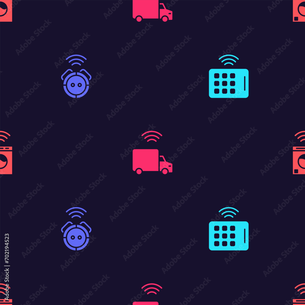 Set Wireless tablet, Robot vacuum cleaner, Smart truck and washer on seamless pattern. Vector Set Wireless tablet, Robot vacuum cleaner, Smart truck and washer on seamless pattern. Vector