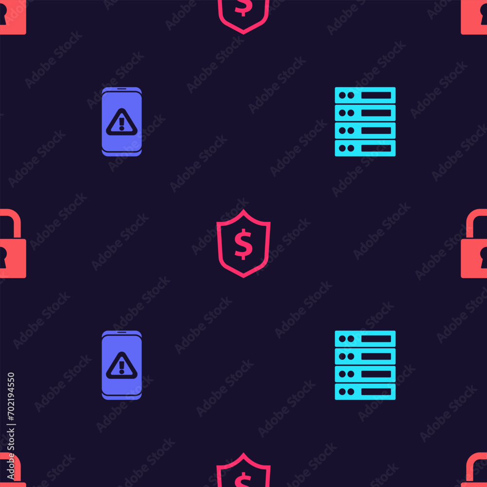 Set Server, Data, Web Hosting, Mobile with exclamation mark, Shield dollar and Lock on seamless pattern. Vector