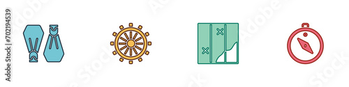 Set Rubber flippers for swimming, Ship steering wheel, Folded map and Compass icon. Vector