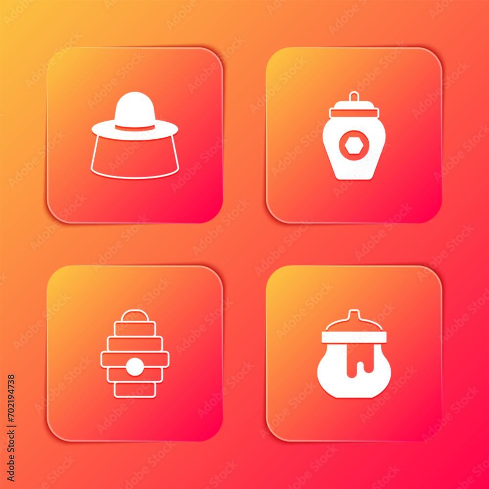 Set Beekeeper with protect hat, Jar of honey, Hive for bees and icon. Vector Set Beekeeper with protect hat, Jar of honey, Hive for bees and icon. Vector