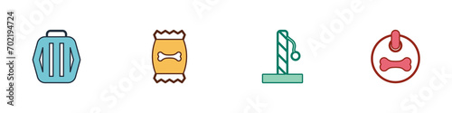 Set Pet carry case, Bag of food for pet, Cat scratching post and Dog collar icon. Vector