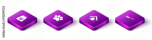 Set Isometric Bag of food for pet, Paw print, Dog house and Hair brush dog and cat icon. Vector