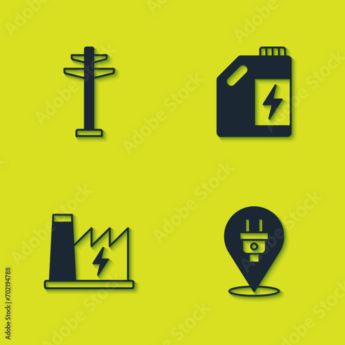 Set Electric tower, plug, Nuclear power plant and Eco fuel canister icon. Vector