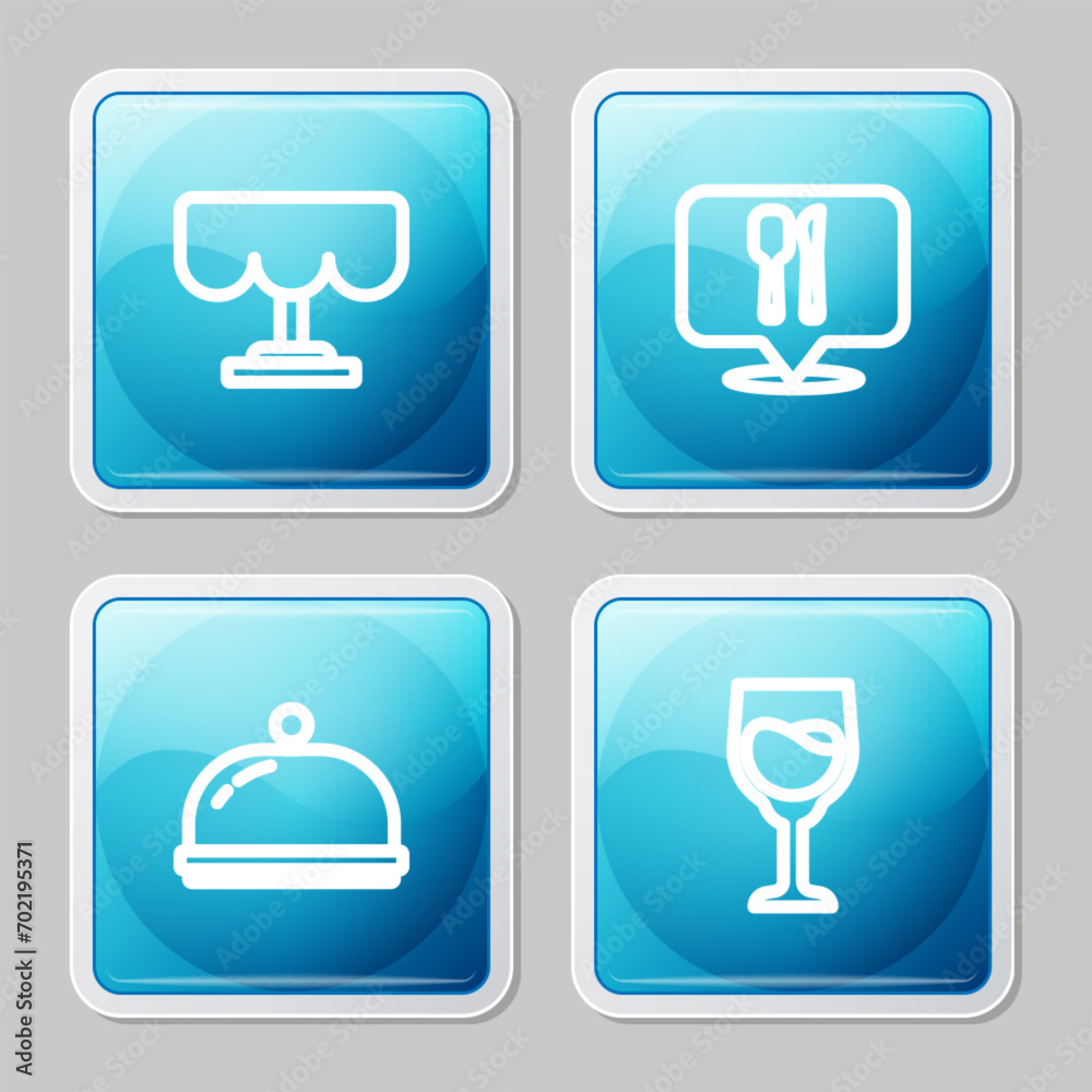 Set line Wooden table, Cafe and restaurant location, Covered with tray and Wine glass icon. Vector Set line Wooden table, Cafe and restaurant location, Covered with tray and Wine glass icon. Vector