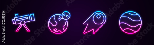 Set line Telescope, Earth globe, Comet falling down fast and Planet. Glowing neon icon. Vector