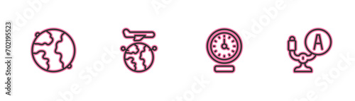 Set line Worldwide, Clock, Globe with flying plane and Aircraft steering helm icon. Vector