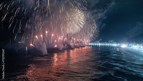 aerial image, made with a drone, of the fireworks display at Copacabana Beach, in Rio de Janeiro, Brazil, at the turn of the year