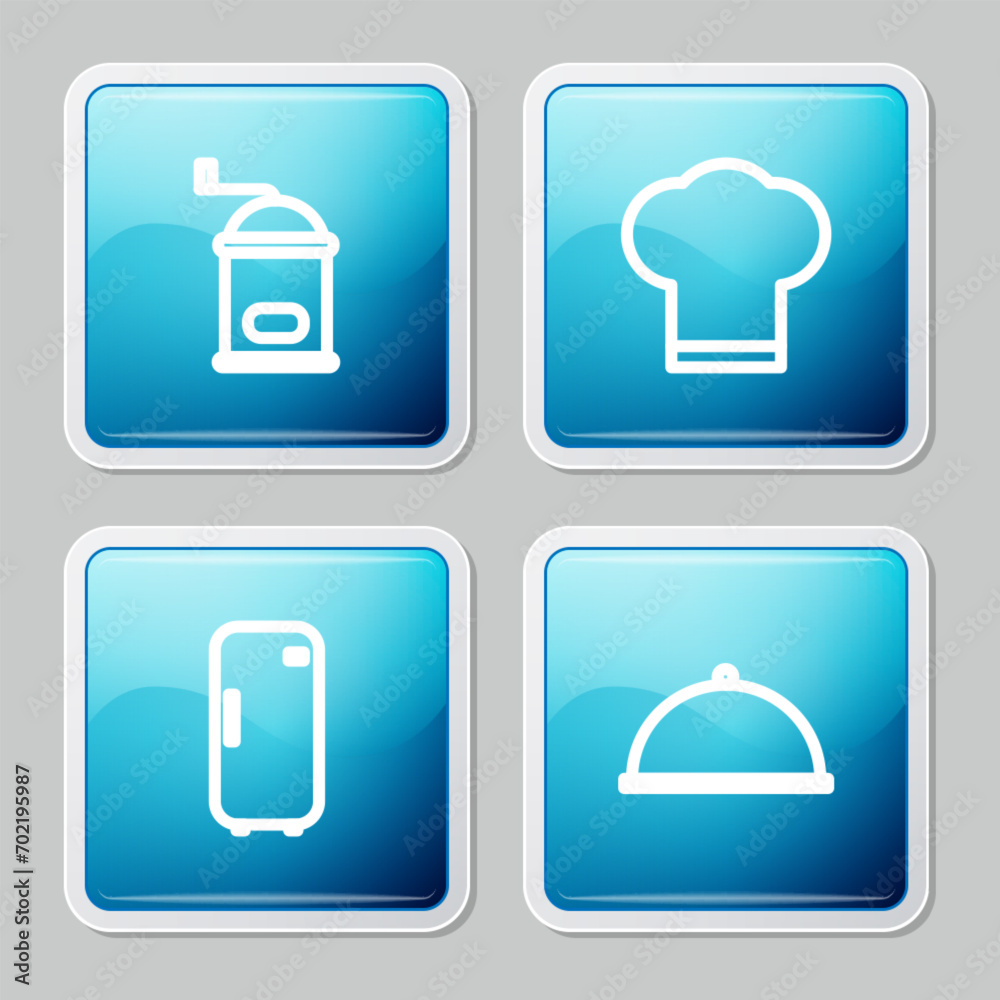 Set line Manual coffee grinder, Chef hat, Refrigerator and Covered with tray icon. Vector Set line Manual coffee grinder, Chef hat, Refrigerator and Covered with tray icon. Vector