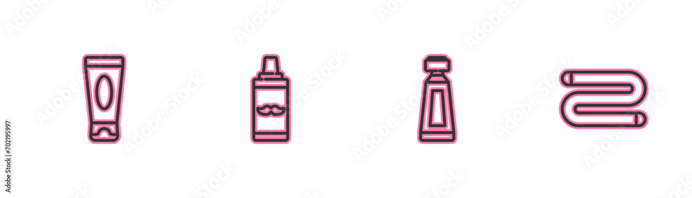 Set line Cream or lotion cosmetic tube, , Shaving gel foam and Towel icon. Vector Set line Cream or lotion cosmetic tube, , Shaving gel foam and Towel icon. Vector